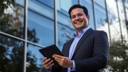 Fototapeta premium Successful Latin entrepreneur holding a digital touchpad,