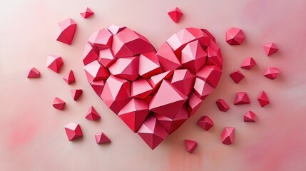 Vibrant heart shaped art piece crafted from geometric red shapes scattered against a soft pastel background, symbolizing love and creativity in modern design
