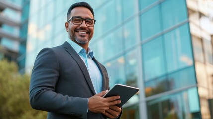 Fototapeta premium Successful Latin entrepreneur using a tablet while standing