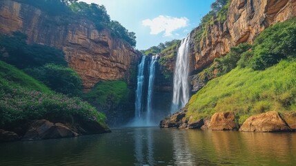 Fototapeta premium Tadfane Waterfall, a stunning twin cascade, with vibrant balsam flowers
