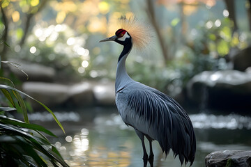 Fototapeta premium A majestic grey crowned crane stands gracefully in a serene natural setting
