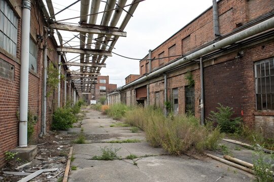 A neglected and worn-down industrial area with exposed pipes and brick walls, abandoned, exposed