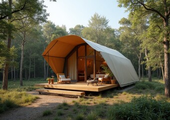 Relaxing retreat in a modern tent cabin surrounded by lush greenery in nature