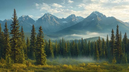Scenic mountain landscape with lush forests and misty valleys under a blue sky.