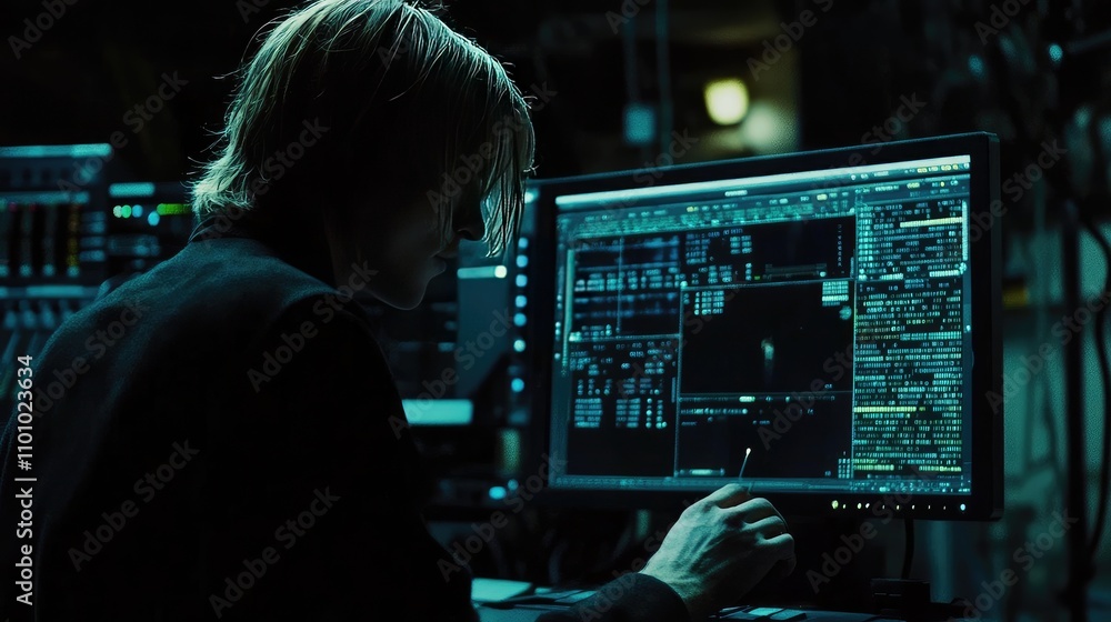 Poster young male programmer analyzing data on dark computer screen