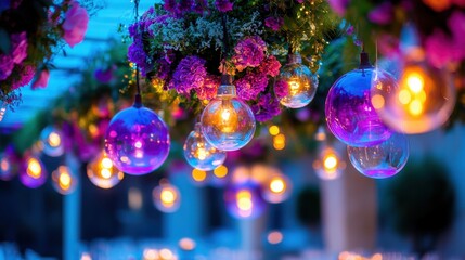 Obraz premium Elegant floral decorations with glowing lights at outdoor event