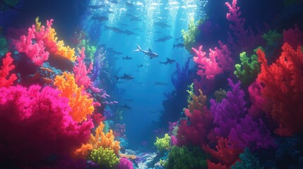 Naklejka premium Vibrant Underwater Scene with Colorful Coral and Tropical Fish