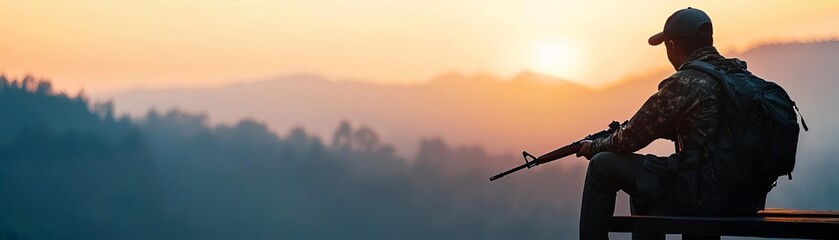 A soldier rests against a beautiful sunset, reflecting quietly on duty and nature. - Powered by Adobe