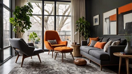 Fototapeta premium Modern Living Room with Orange Armchair, Gray Sofa, and Large Windows V1