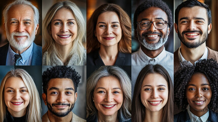 Horizontal mosaic of diverse faces, multi-generational professionals, smiling portraits