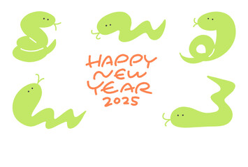 色んなポーズをとる蛇達の可愛い年賀状　2025 手描きイラスト