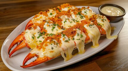 A deliciously baked crab dish topped with creamy cheese and herbs, served with a side of dipping sauce.