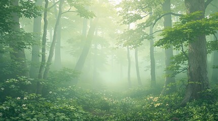 Obraz premium Abstract watercolor of light green forest with mist, mist, watercolor, serene, forest, painting