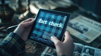  a Tablet Showing 'Fact Check' Title Over a Digital News Article, Symbolizing the Role of Technology in Combating Misinformation