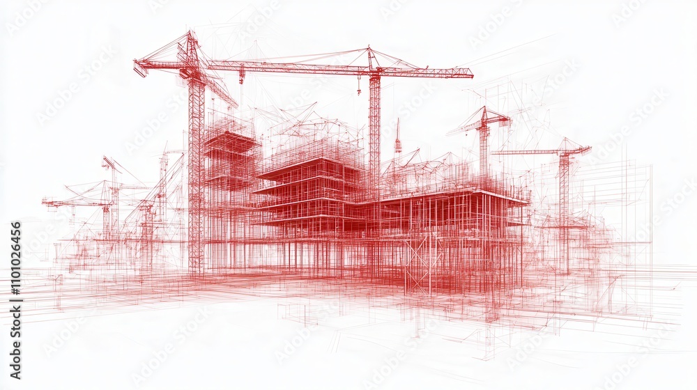 Poster A dynamic architectural sketch depicting a construction site with cranes and structural outlines in red hues.
