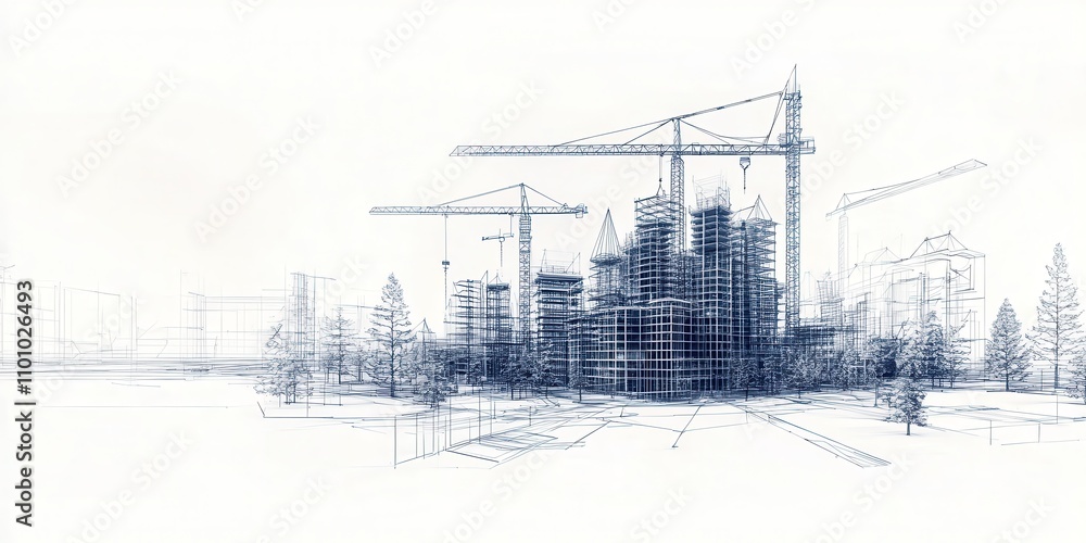Poster a minimalist architectural illustration of a construction site featuring cranes and scaffolding agai