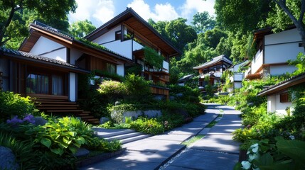 Fototapeta premium Serene Pathway in a Lush Neighborhood Setting