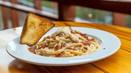 Fototapeta premium A plate of creamy spaghetti topped with bacon, served with a slice of toasted bread on a wooden table.