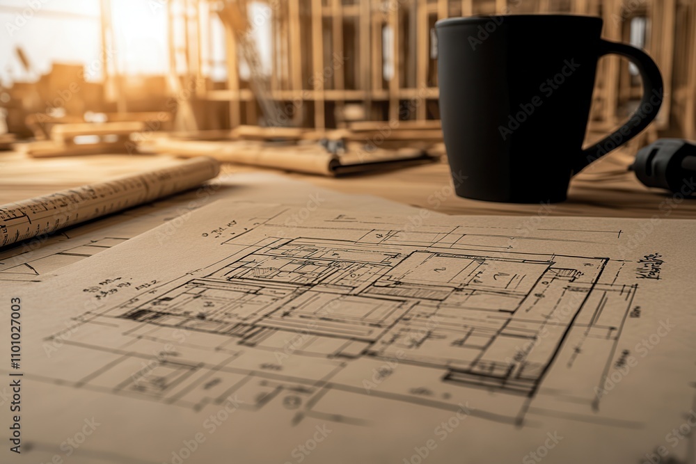 Poster a blueprint rests on a table with a coffee mug beside it, illuminated by warm sunset light, amidst a