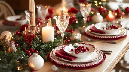 Festive Christmas Table Setting With Candles And Decorations