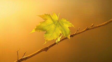 A delicate green maple leaf clings to a thin bare branch as the seasons transition against a backdrop of warm golden light , seasonal changes., green maple leaves
