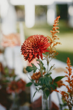 Close-Up of Red Chrysanthemum in Elegant Wedding Floral Arrangement