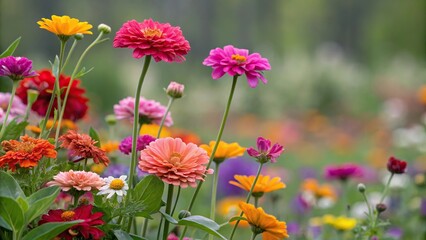 Fototapeta premium A vibrant array of colorful blooms in a garden setting blurred to emphasize the beauty of spring, colorful, garden, spring background blur flowers
