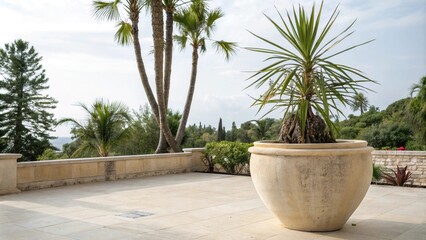 Obraz premium A yucca plant in a large ceramic planter with a tropical background, interior design, garden decor, tropical plants, ceramic planter