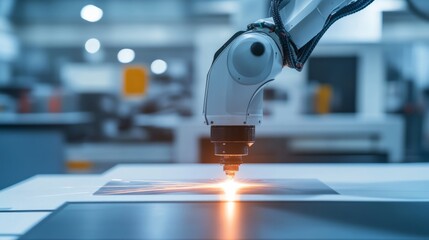 Obraz premium A robotic arm performing precise laser cutting in a high-tech fabrication facility, clean and high-precision environment with a focus on laser technology, Laser style