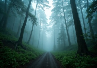 Obraz premium Misty forest trail surrounded by tall trees in early morning light