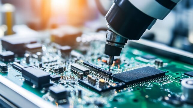A robotic arm performing precise soldering of microelectronic components on a clean, high-tech electronics production line, modern and meticulous environment with a focus on microelectronics assembly
