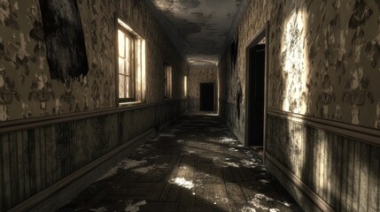 Obraz premium Abandoned Hallway: Eerie Passage Through a Forgotten Time