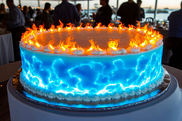 A blue and white cake with flames on top of it