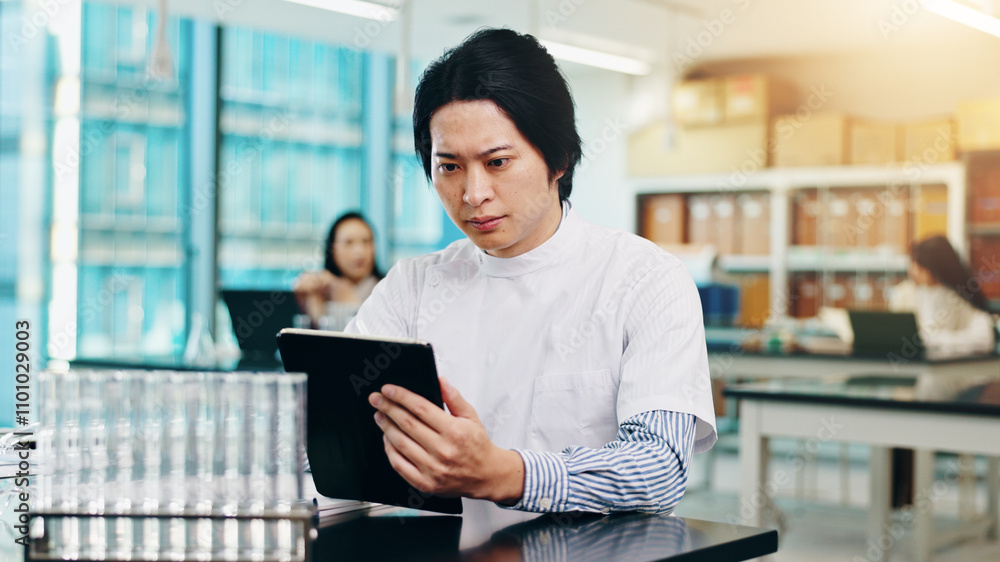 Poster science, man and tablet with solution in laboratory for research notes, results and exam assessment.