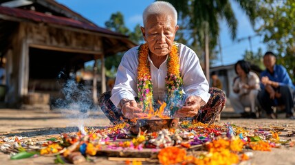 Elder Man Performing Traditional Ritual with Flowers