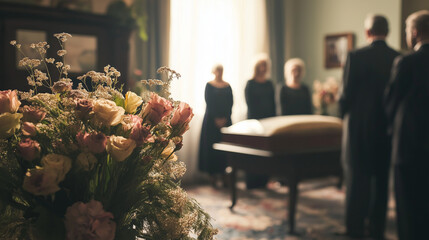 Open coffin in a small private funeral setting surrounded by family members dressed in black