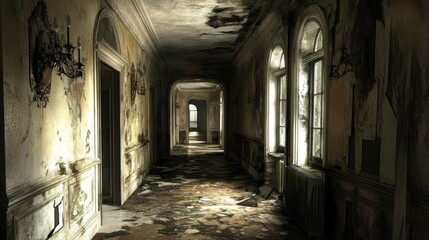 Fototapeta premium Eerie Abandoned Hallway with Arched Windows and Peeling Walls