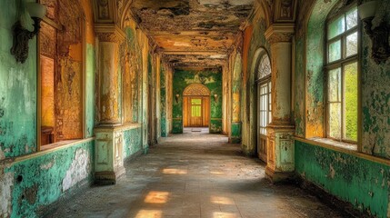 Fototapeta premium Abandoned Opulent Hallway with Ornate Architecture and Vibrant Colors