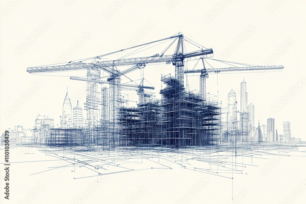Poster A blueprint-style illustration of a construction site featuring cranes, emphasizing the architectural process in an urban environment.