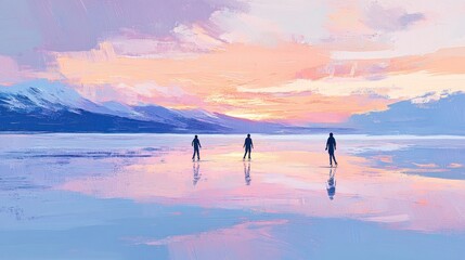 Figures Ice Skating at Sunset Mountain Lake