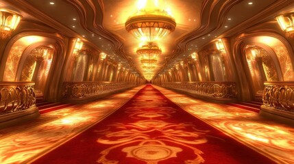 Obraz premium Majestic Golden Palace Hallway with Ornate Chandeliers and Intricate Carpet