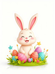Whimsical Easter Bunny Mockup with Colorful Eggs and Floral Accents