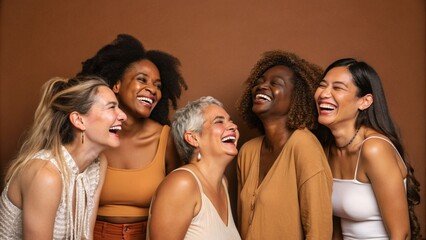Obraz premium Six laughing women of a different race, age, and figure type. Group of multiracial females having fun against a brown background.