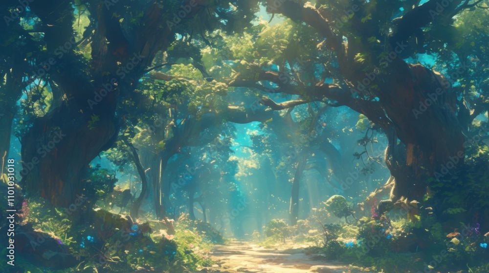 Poster an enchanted trail lined with towering trees that seem to whisper secrets to those who pass by their