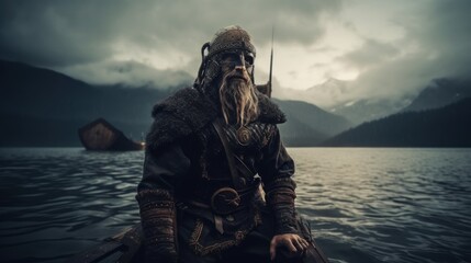 Viking Saga: A lone warrior navigates the treacherous waters, his weathered face reflecting a tale of battles won and lost.