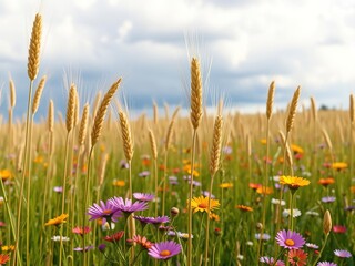 Tall stalks of golden wheat sway gently in the breeze amidst a field of vibrant wildflowers under a cloudy sky, agricultural, wildflowers, landscape