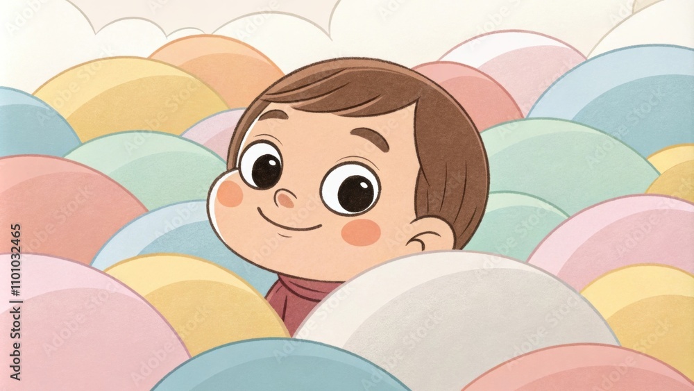 Poster a child with a gentle smile is depicted surrounded by soft rounded shapes in muted pastels. the geom