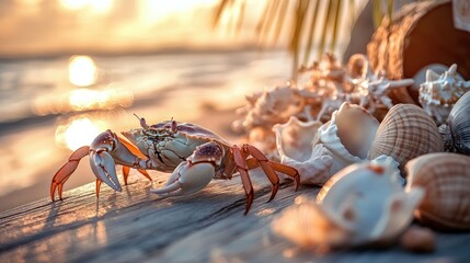 Fototapeta premium Colorful Crab on Seashore with Shells and Sunset Background