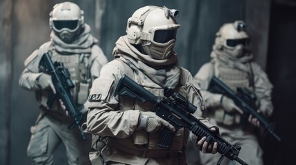 Obraz premium Three Soldiers in Desert Camouflage Gear with Rifles