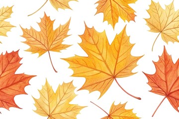 Vibrant watercolor yellow and orange maple leaf patterns on a clean white surface, borders, leaves, illustrations